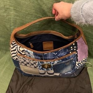 Denim patched coach bag